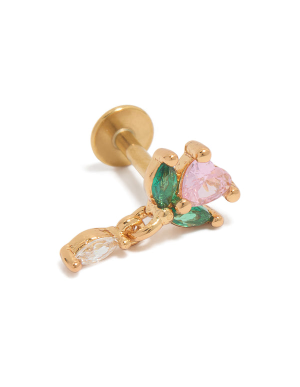 Gold Plated Surgical Steel Pink Cubic Zirconia Rose Drop Single Flat Back Stud