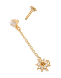 Gold Plated Surgical Steel Cubic Zirconia Drop Star Chain Single Flat Back Stud - link has visual effect only