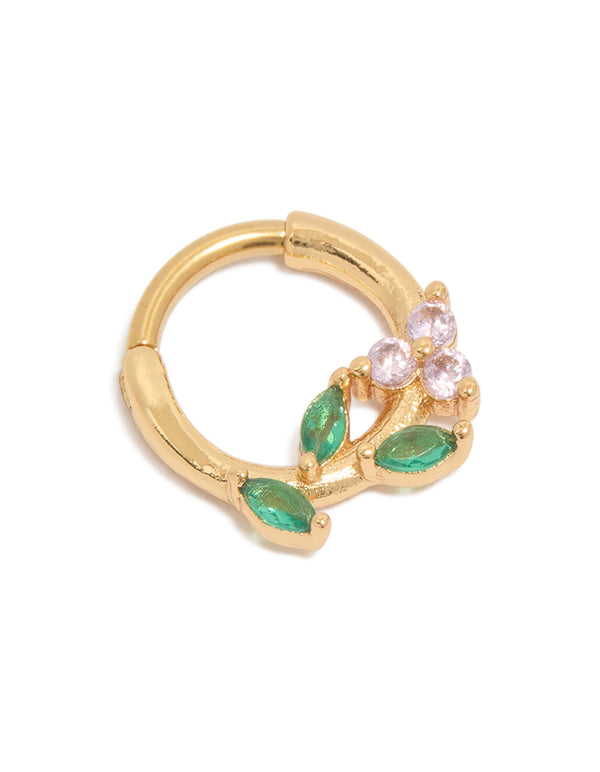 Gold Plated Surgical Steel Cubic Zirconia Flower & Leaves Clicker Ring