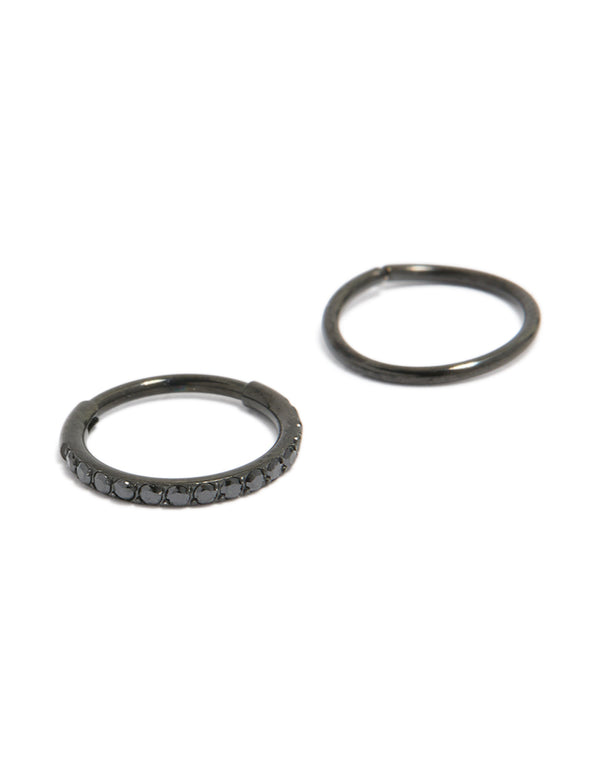 Black Coated Surgical Steel Cubic Zirconia Hinged Nose Rings Pack