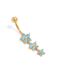 Gold Plated Surgical Steel 3 Blue Cubic Zirconia Flowers Drop Belly Bar - link has visual effect only