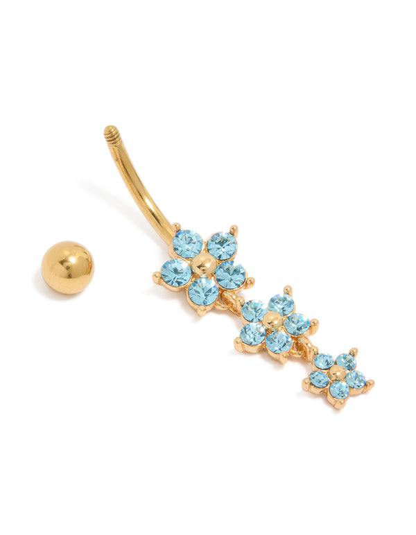 Gold Plated Surgical Steel 3 Blue Cubic Zirconia Flowers Drop Belly Bar