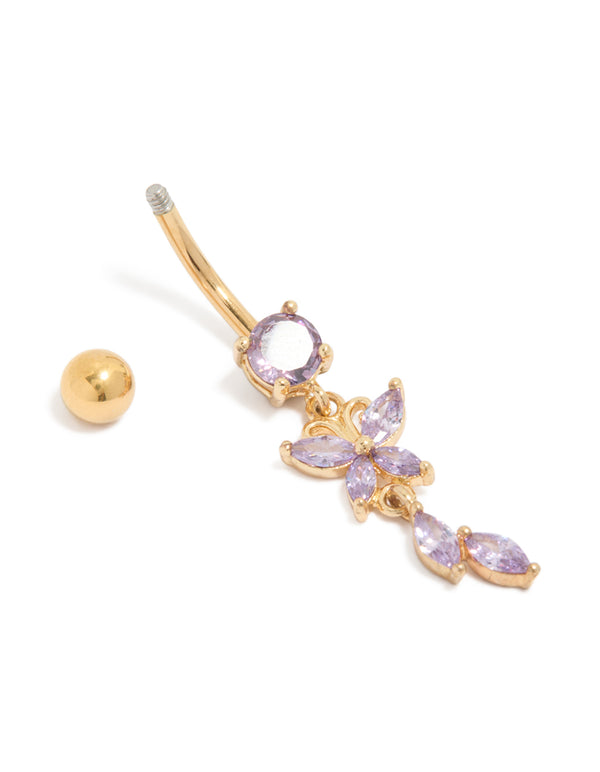 Gold Plated Surgical Steel Purple Cubic Zirconia  Butterfly Leaf Drop Belly Bar