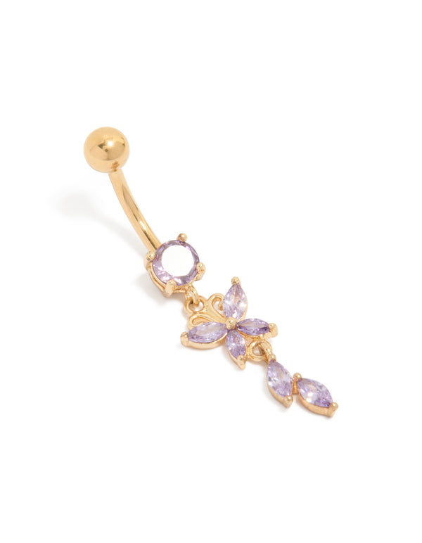 Gold Plated Surgical Steel Purple Cubic Zirconia  Butterfly Leaf Drop Belly Bar