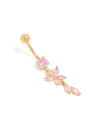 Gold Plated Surgical Steel Pink Cubic Zirconia Butterfly & Leaf Belly Bar - link has visual effect only
