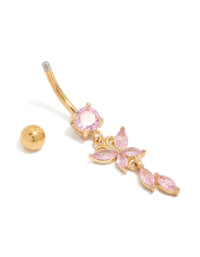 Gold Plated Surgical Steel Pink Cubic Zirconia Butterfly & Leaf Belly Bar - link has visual effect only