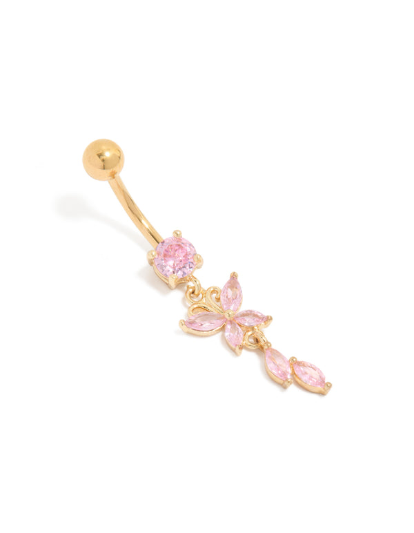Gold Plated Surgical Steel Pink Cubic Zirconia Butterfly & Leaf Belly Bar