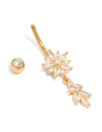Gold Plated Surgical Steel Cubic Zirconia Large Flower & Leaf Belly Bar - link has visual effect only