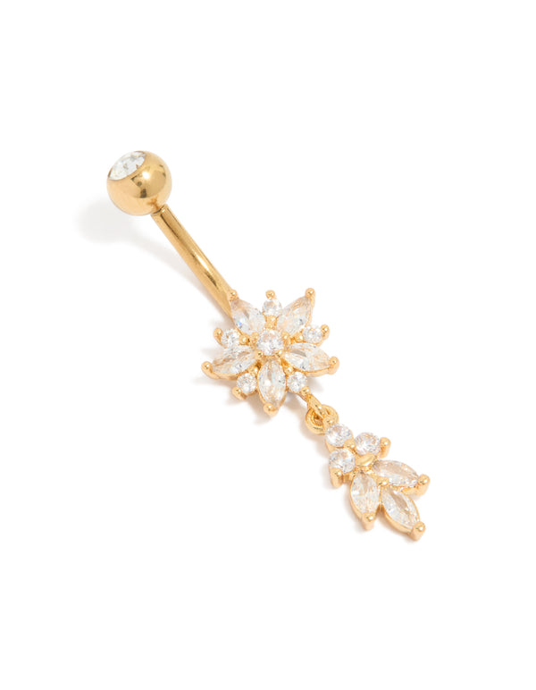 Gold Plated Surgical Steel Cubic Zirconia Large Flower & Leaf Belly Bar