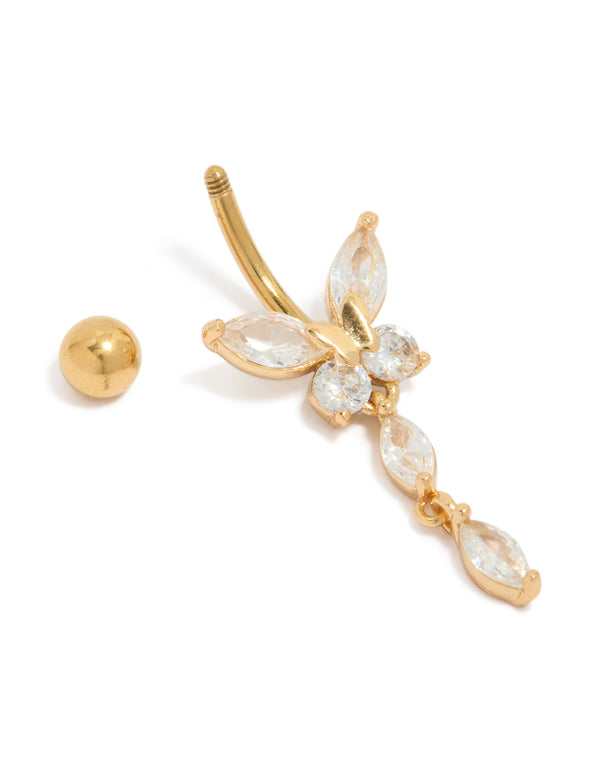 Gold Plated Surgical Steel Cubic Zirconia Marquise Butterfly Belly Bar