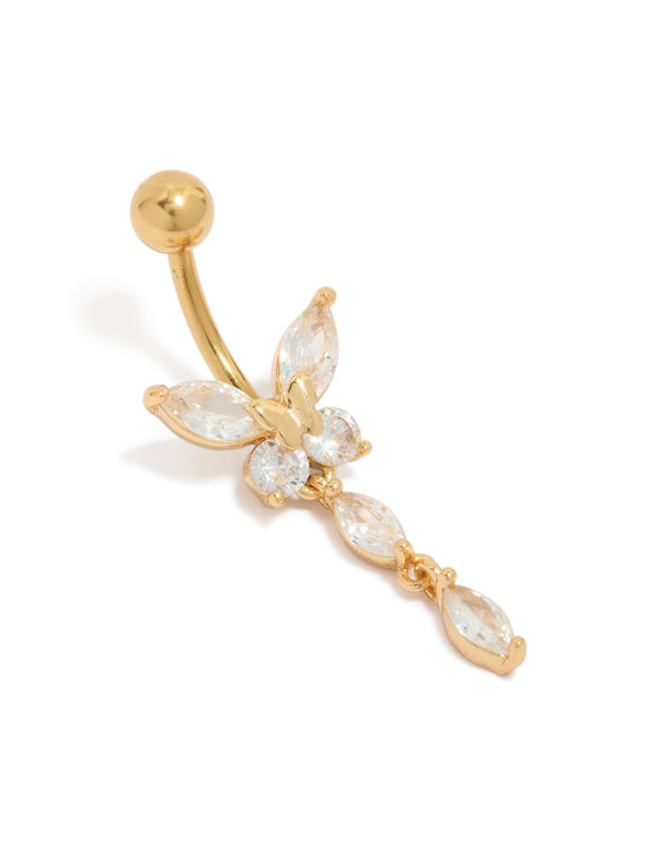 Gold Plated Surgical Steel Cubic Zirconia Marquise Butterfly Belly Bar