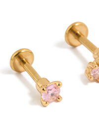 Showcasing gold plated titanium pink cubic zirconia flat back studs with crystal in light pink close up view - link has visual effect only