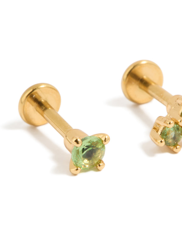 Elegant set of gold plated titanium olive green cubic zirconia flat back stud earrings close up view
