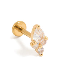 Showcasing a gold plated titanium stud with pear cut cubic zirconia cluster in statement style and flat back closure front view - link has visual effect only