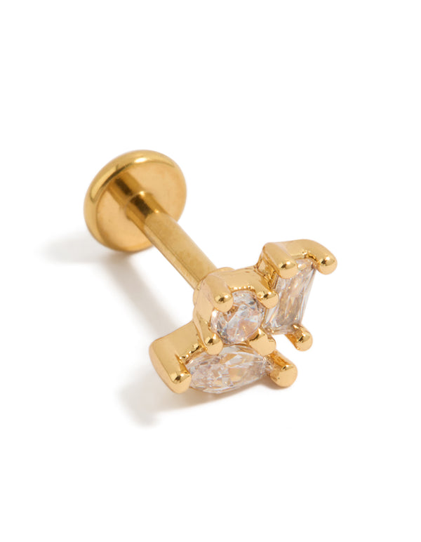 Showcasing a multi shaped cubic zirconia stud with titanium post and flat back closure in gold plated finish front view