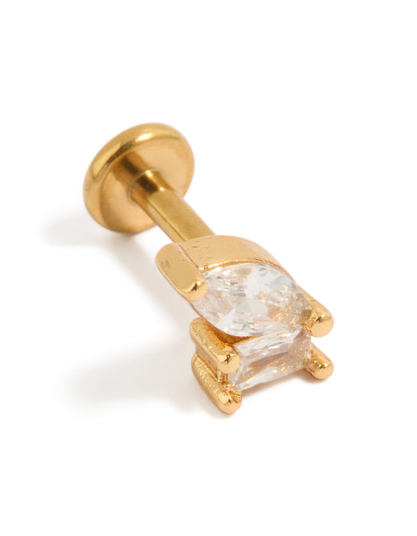 Crafted from gold plated titanium with marquise and rectangle cubic zirconia stones featuring stud flat back closure post detail view