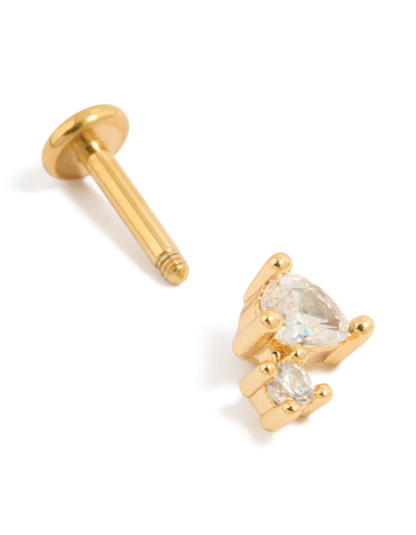 Featuring a gold plated titanium cubic zirconia pear cluster single flat back stud with clear accent post detail view