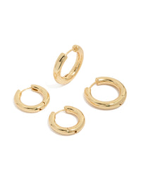 Presenting gold plated plain thin huggie earrings in a 2-pack front view - link has visual effect only
