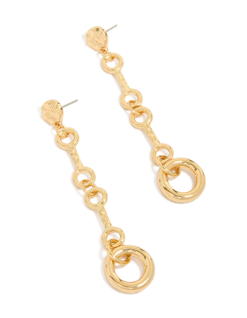 Discover these gold plated molten chain long drop statement earrings front view