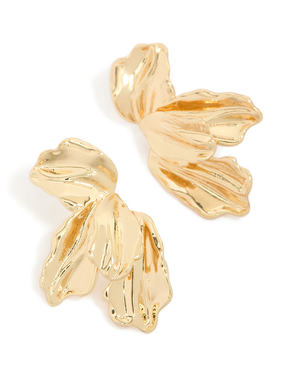 Introducing statement gold plated organic half flower earrings front view