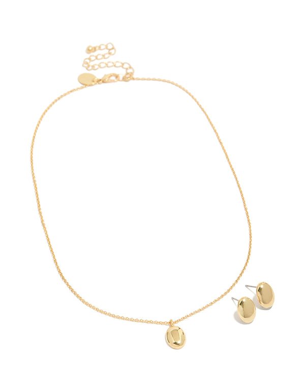 Gold Plated Oval Drop Pendant Necklace & Earrings Set