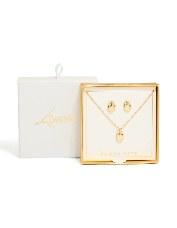 Gold Plated Oval Drop Pendant Necklace & Earrings Set