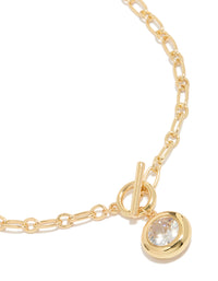 Exquisite gold plated cubic zirconia T-bar chain necklace close up view - link has visual effect only