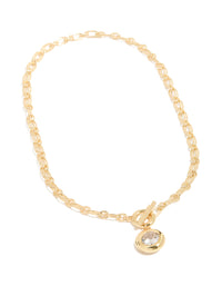 Stunning gold plated cubic zirconia T-bar chain necklace front view - link has visual effect only