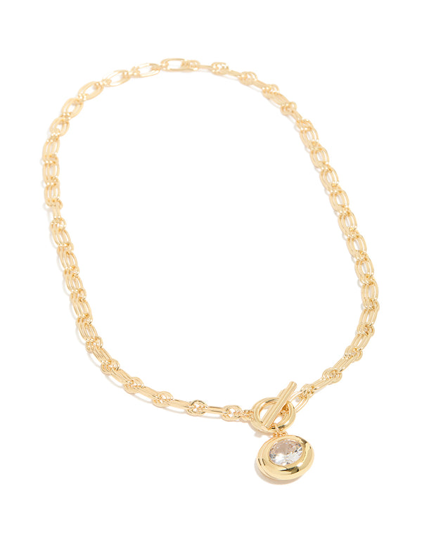 Stunning gold plated cubic zirconia T-bar chain necklace front view
