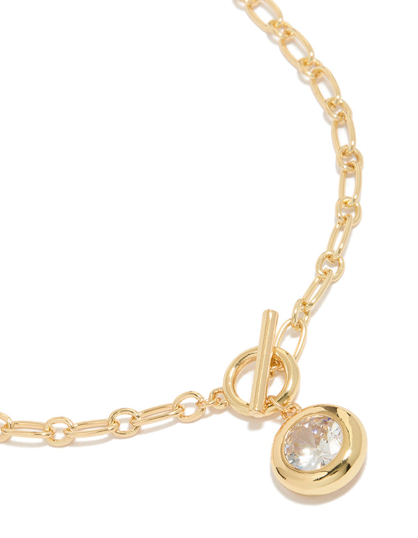 Exquisite gold plated cubic zirconia T-bar chain necklace close up view