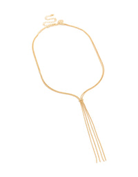 Elegant thin tassel Y-necklace in gold plated finish front view - link has visual effect only