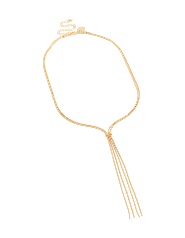 Elegant thin tassel Y-necklace in gold plated finish front view