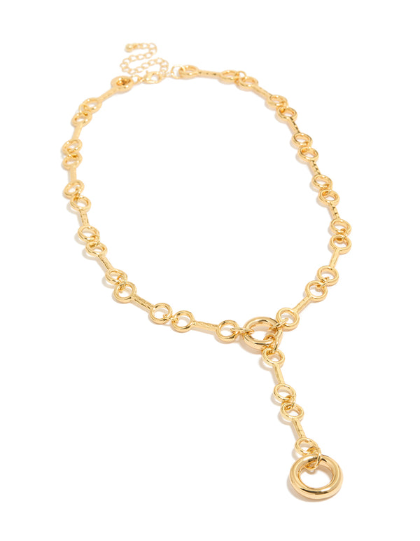 Discover a gold plated multi organic circle Y-necklace front view
