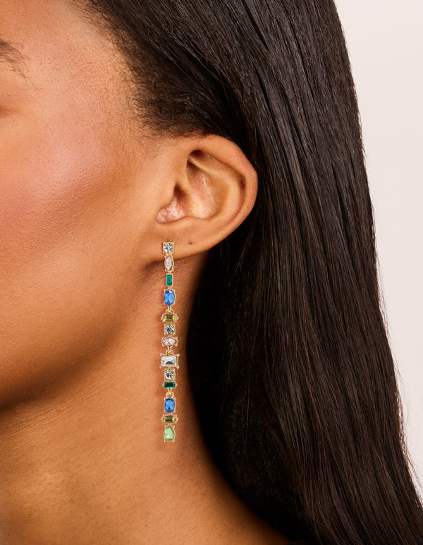 Gold Blue & Green Diamante Long Drop Earrings