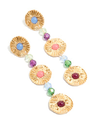 Showcasing statement drop earrings with round discs and multicoloured beads in gold, light blue, pink, and red front view - link has visual effect only