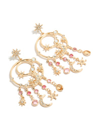 Showcasing statement circle drop earrings featuring celestial charm designs with stars in stud closure, gold, pink and clear diamantes front view - link has visual effect only