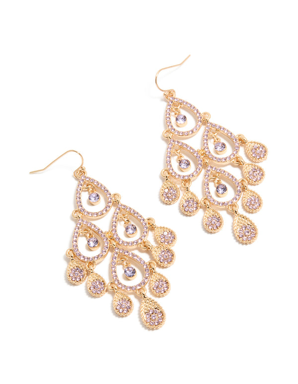 Showcasing gold purple diamante open drop earrings with charm details in a statement style front view