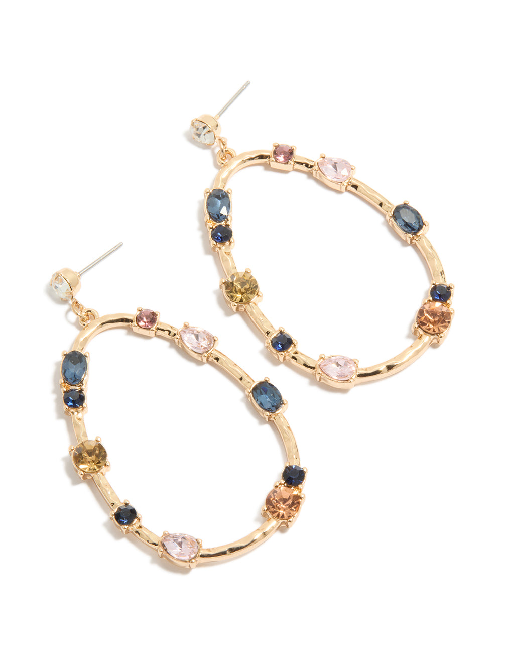 Featuring statement style earrings in gold dark blue, pink and brown diamantes in an open oval cut drop design front view