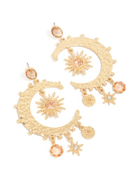 Showcasing gold clear and pink diamante celestial moon drop earrings with charm and disc details front view - link has visual effect only