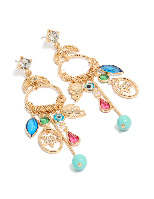 Gold Moon & Circle Charm Drop Earrings