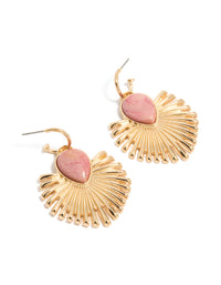 Showcasing fanned drop earrings with statement style featuring light pink stones and gold finish front view - link has visual effect only
