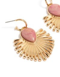 Crafted from gold with light pink stone, these fanned drop earrings feature statement style in close up view - link has visual effect only