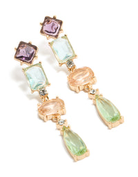 Showcasing gold irregular shaped purple and blue diamantes drop earrings with oval stone cut in a statement style front view - link has visual effect only