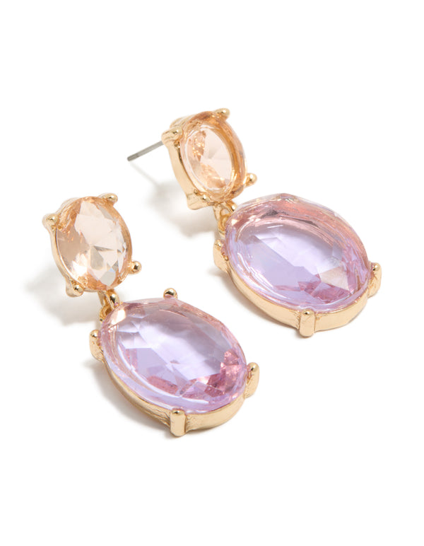 Presenting statement double drop earrings in gold featuring purple and orange diamantes front view