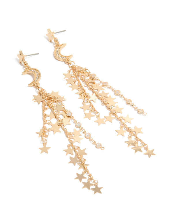 Showcasing gold star and moon chain drop earrings featuring celestial charm design front view