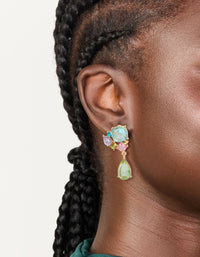 Featuring statement drop earrings with gold finish and multicolored diamante cluster in aquamarine, pale green, and pink tones on ear view - link has visual effect only