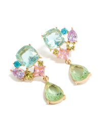 Showcasing statement drop earrings in gold featuring cluster diamante stones with blue, green, and pink tones front view - link has visual effect only