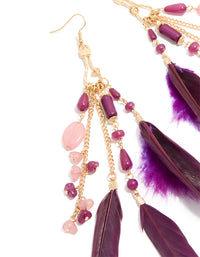 Featuring gold purple beaded and feather drop earrings with intricate detail close up view - link has visual effect only