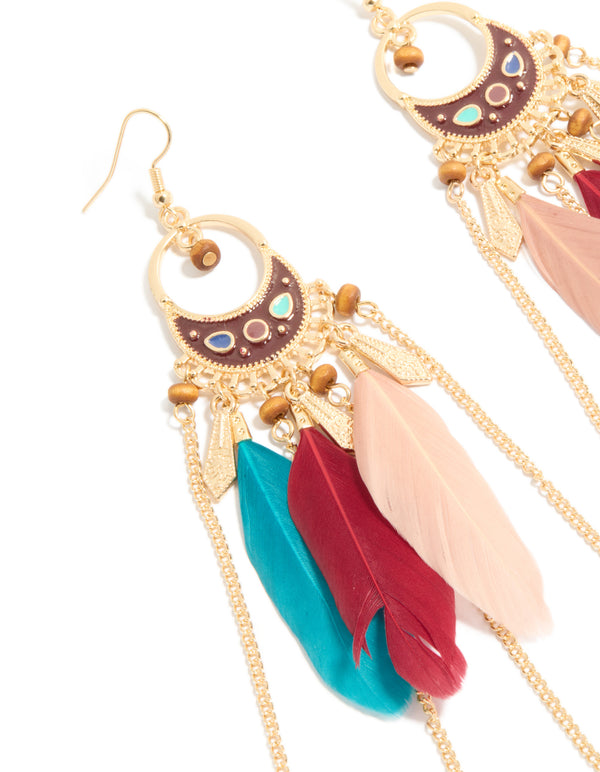 Elegant statement drop earrings featuring beads, charm, and feathers in gold close up view