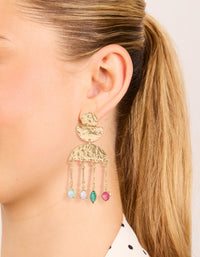 Crafted from worn gold pink and green diamantes drop earrings featuring charm statement design on ear view - link has visual effect only
